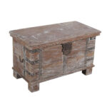 A frontal view of the antique Indian teak wood chest showcasing its rustic design and original painted finish.