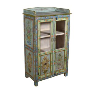 The painted detailing brings out this Antique Indian Teak and Glass Cabinet.