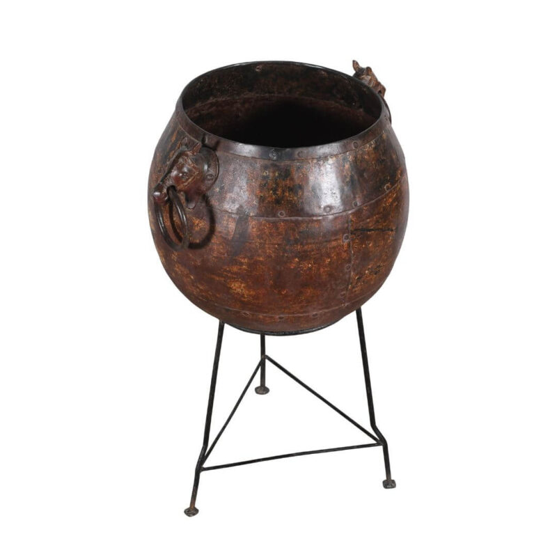 Vintage Indian Water Carrying Pot with Cow Handles on Iron Stand - Image 4