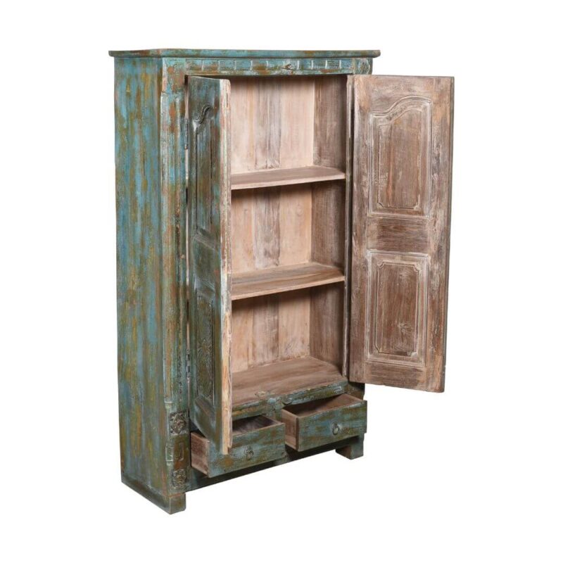 Antique Indian Teak Wood Kitchen Cabinet - 1930s Painted Blue, 2-Drawer 2-Door - Image 2