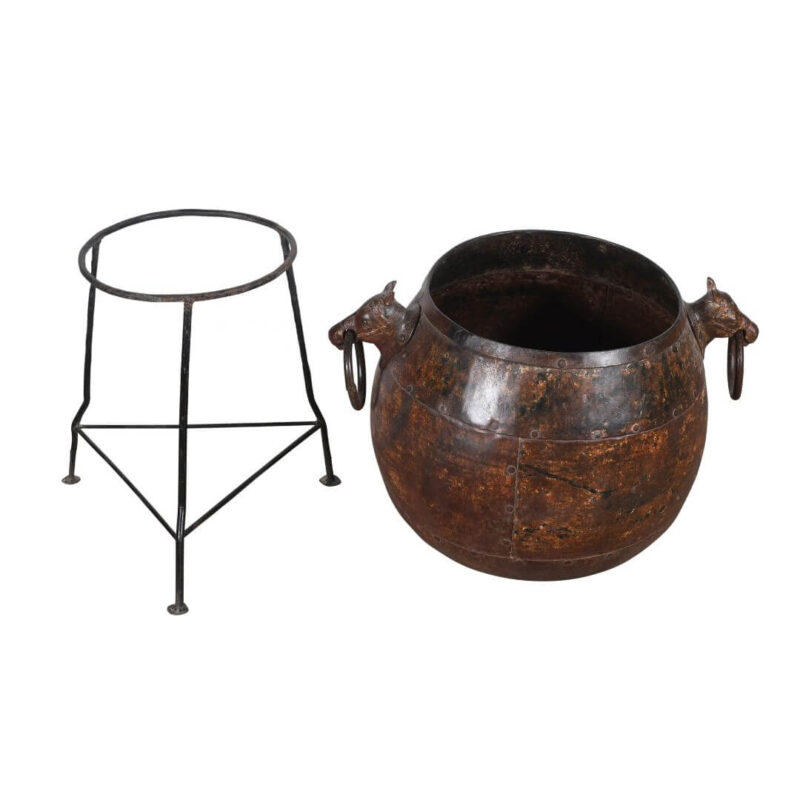 Vintage Indian Water Carrying Pot with Cow Handles on Iron Stand - Image 3