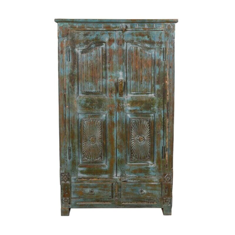 Antique Indian Teak Wood Kitchen Cabinet - 1930s Painted Blue, 2-Drawer 2-Door - Image 3