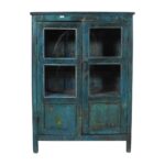 Antique Indian Teak Wood Glass Almirah – 1900s Turquoise Kitchen or Bathroom Cabinet