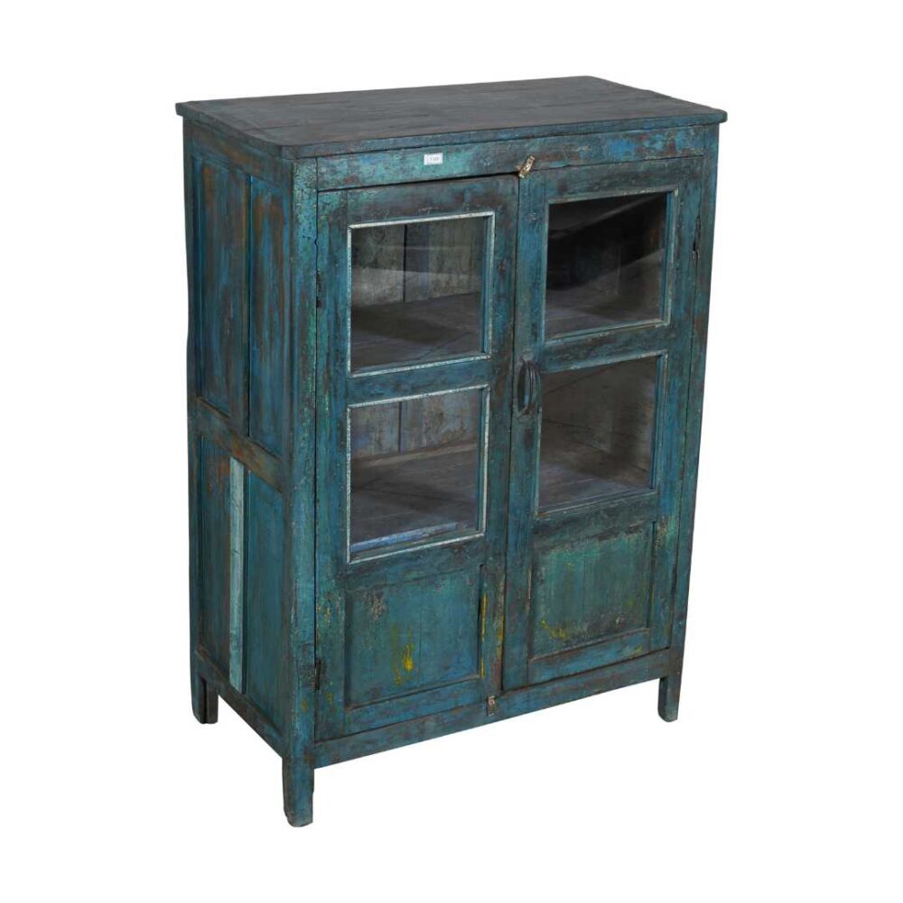 Antique Indian Teak Wood Glass Almirah – 1900s Turquoise Kitchen or Bathroom Cabinet - Image 2