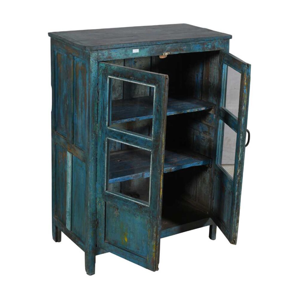 Antique Indian Teak Wood Glass Almirah – 1900s Turquoise Kitchen or Bathroom Cabinet - Image 3