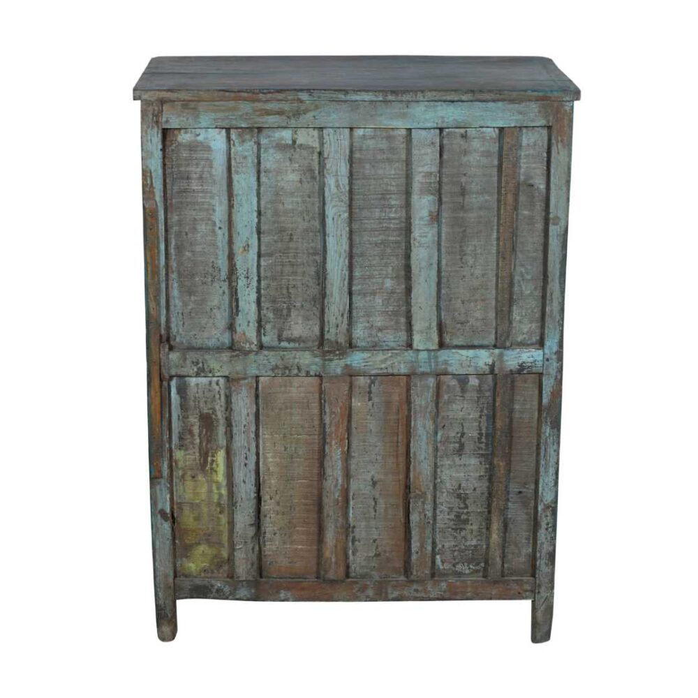 Antique Indian Teak Wood Glass Almirah – 1900s Turquoise Kitchen or Bathroom Cabinet - Image 4