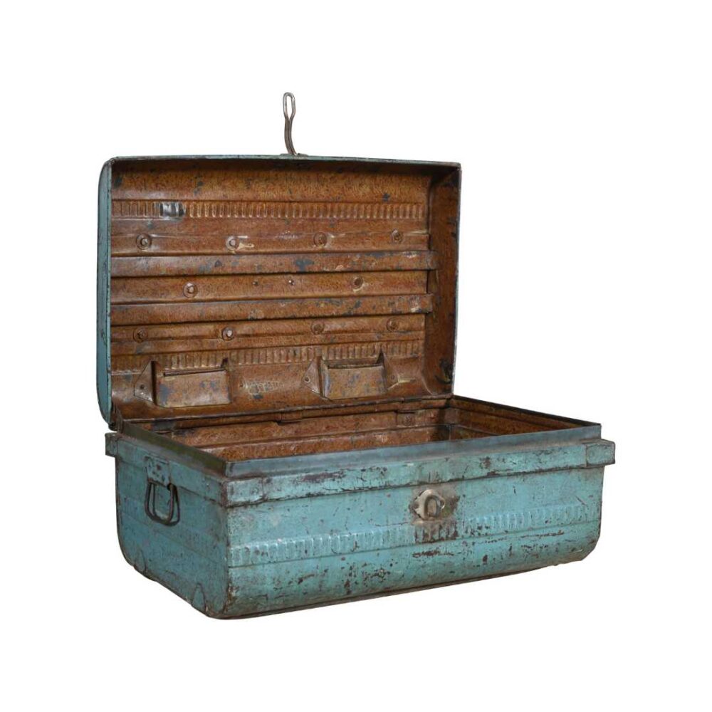 Vintage Teal Blue Indian Iron Train Trunk – 1930s Hand-Painted Railway Chest - Image 3