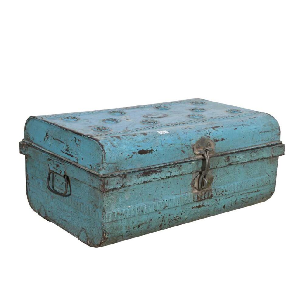 Vintage Teal Blue Indian Iron Train Trunk – 1930s Hand-Painted Railway Chest - Image 2