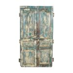 Antique Turquoise & Ochre Painted Teak Wood Pair of Doors – Gujarat c1880