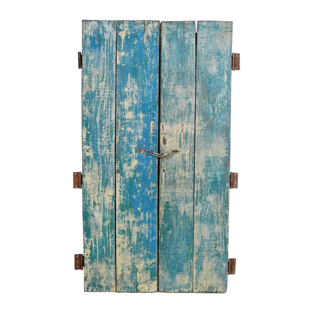 Antique Turquoise & Ochre Painted Teak Wood Pair of Doors – Gujarat c1880 - Image 2