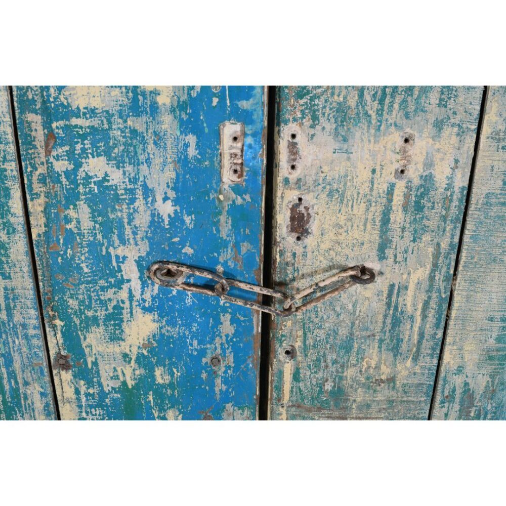 Antique Turquoise & Ochre Painted Teak Wood Pair of Doors – Gujarat c1880 - Image 3