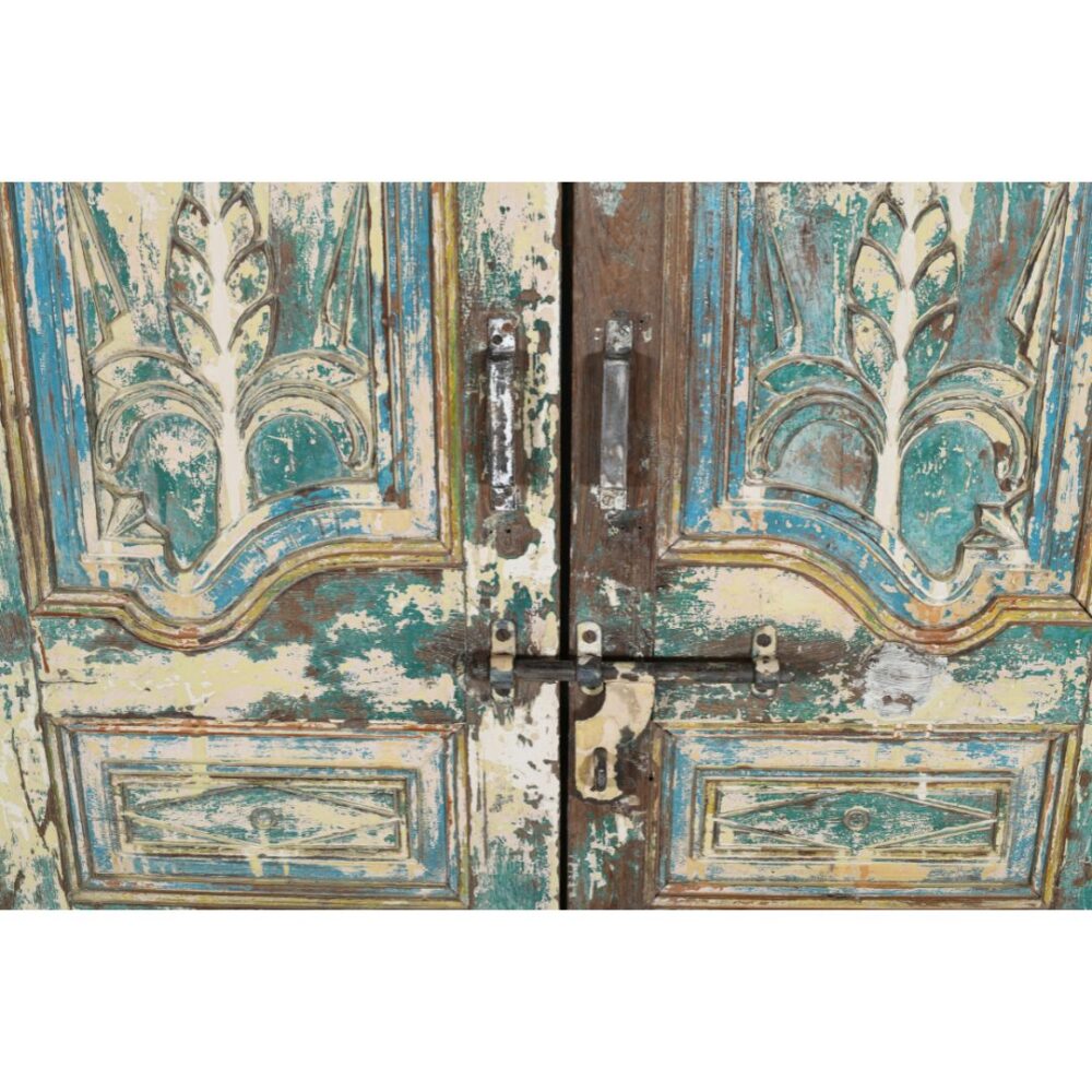 Antique Turquoise & Ochre Painted Teak Wood Pair of Doors – Gujarat c1880 - Image 4