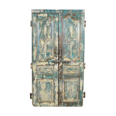 Antique Turquoise & Ochre Painted Teak Wood Pair of Doors – Gujarat c1880
