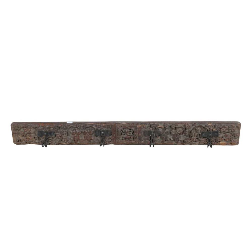 Antique Deep Umber Teak Carved Coat Hook Panel with Black Iron Hooks – Indian Vintage Floral (105cm) - Image 3