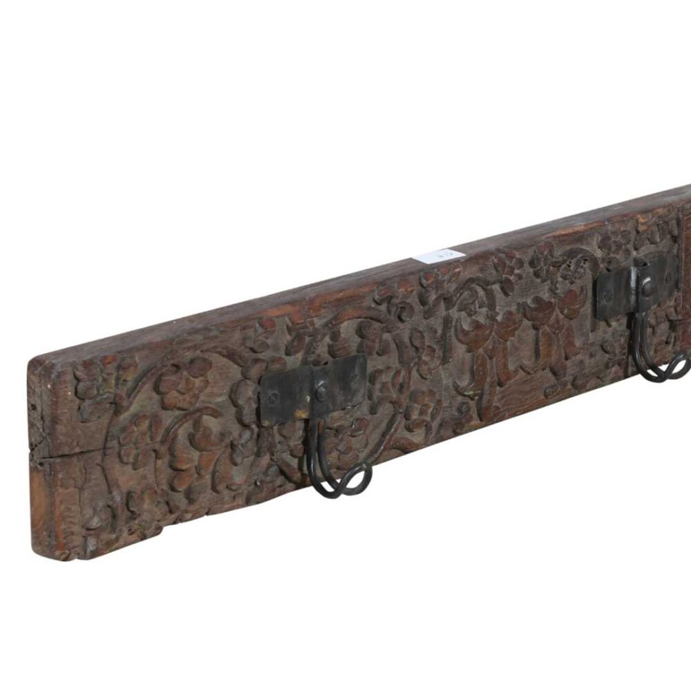 Antique Deep Umber Teak Carved Coat Hook Panel with Black Iron Hooks – Indian Vintage Floral (105cm) - Image 2