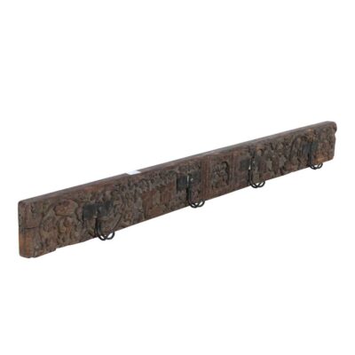 Antique Deep Umber Teak Carved Coat Hook Panel with Black Iron Hooks – Indian Vintage Floral (105cm)