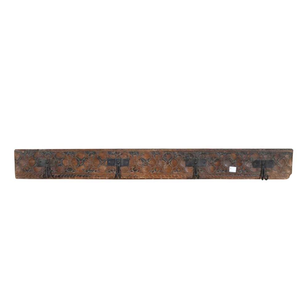 Antique Rustic Brown Teak Wood & Iron Coat Hook Panel – Hand-Carved Indian Vintage (111cm) - Image 2