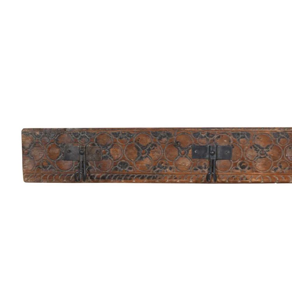 Antique Rustic Brown Teak Wood & Iron Coat Hook Panel – Hand-Carved Indian Vintage (111cm) - Image 3