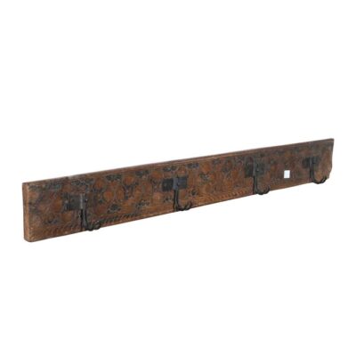 Antique Rustic Brown Teak Wood & Iron Coat Hook Panel – Hand-Carved Indian Vintage (111cm)