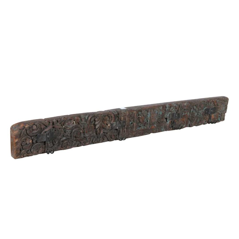 Antique Verdigris & Cocoa Teak Carved Coat Hook Panel with Black Iron Hooks – Indian Vintage Scrollwork (116cm)