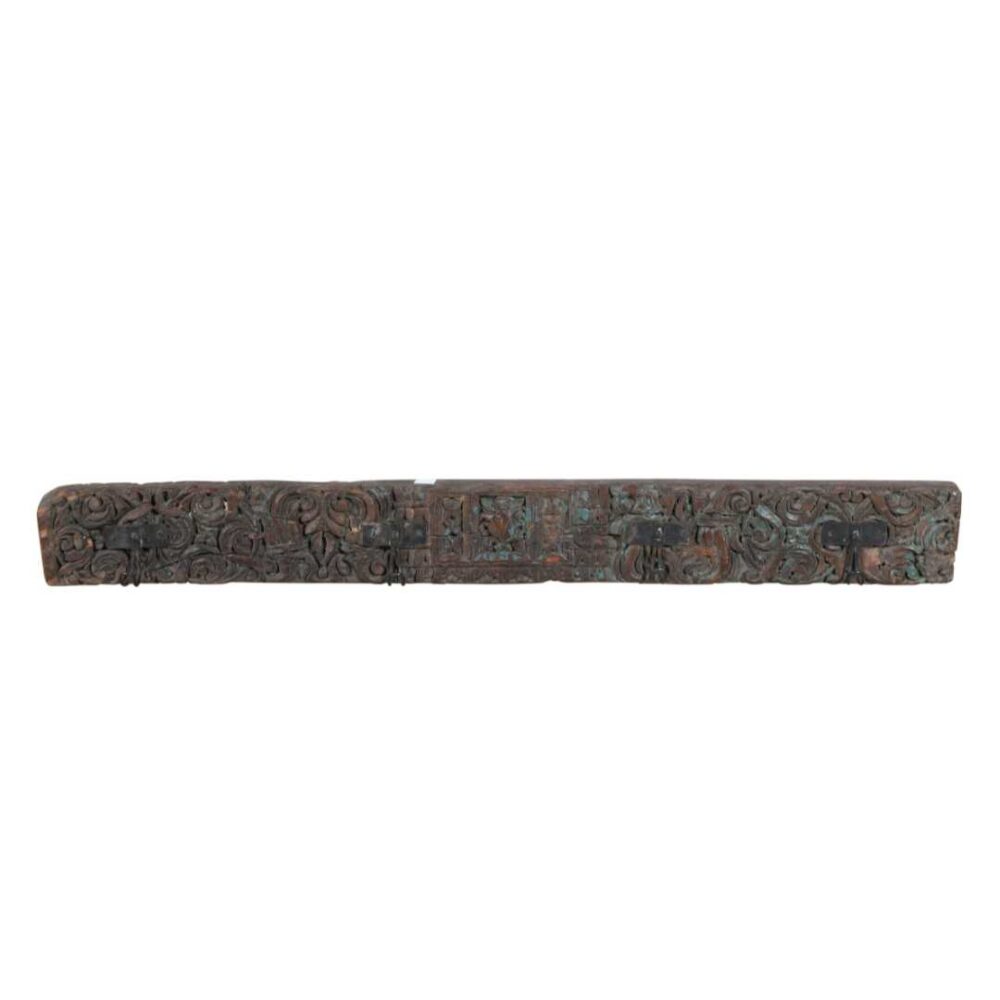Antique Verdigris & Cocoa Teak Carved Coat Hook Panel with Black Iron Hooks – Indian Vintage Scrollwork (116cm) - Image 3