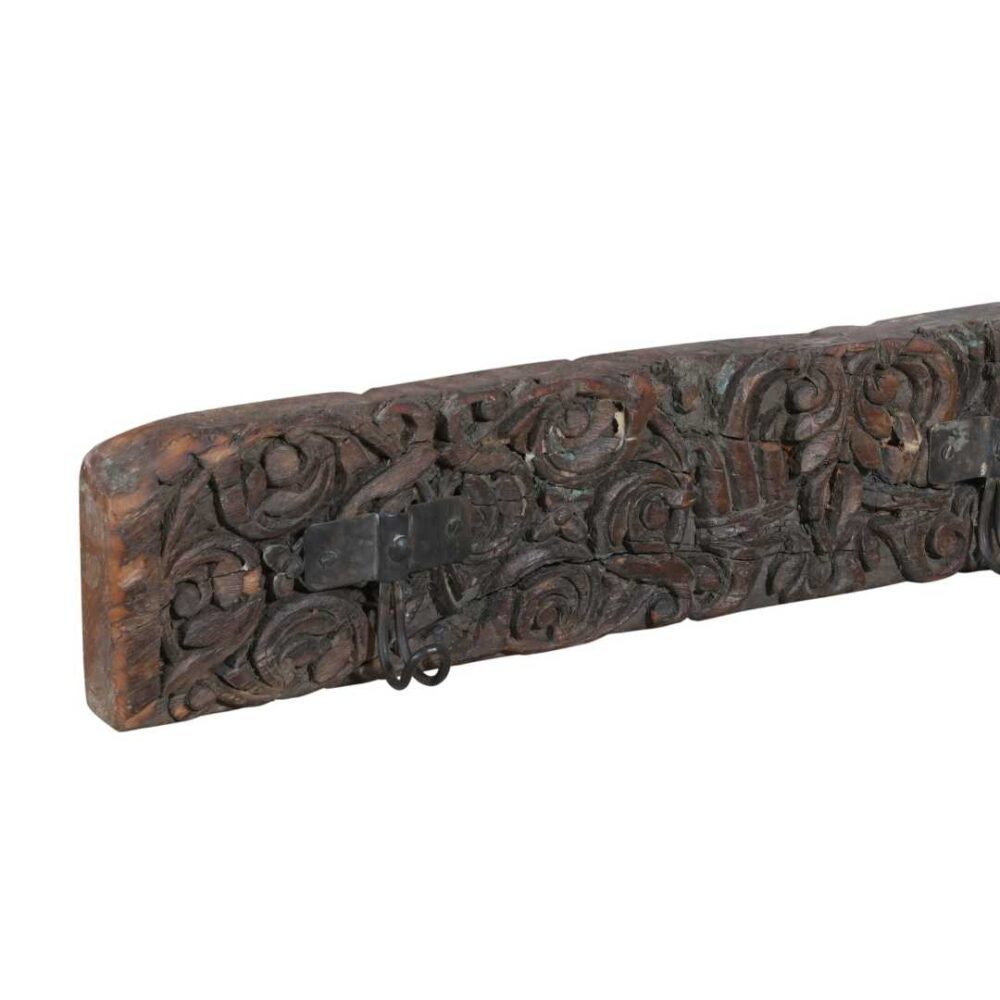 Antique Verdigris & Cocoa Teak Carved Coat Hook Panel with Black Iron Hooks – Indian Vintage Scrollwork (116cm) - Image 2