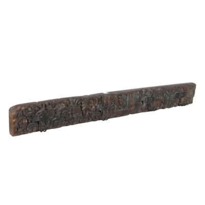 Antique Verdigris & Cocoa Teak Carved Coat Hook Panel with Black Iron Hooks – Indian Vintage Scrollwork (116cm)