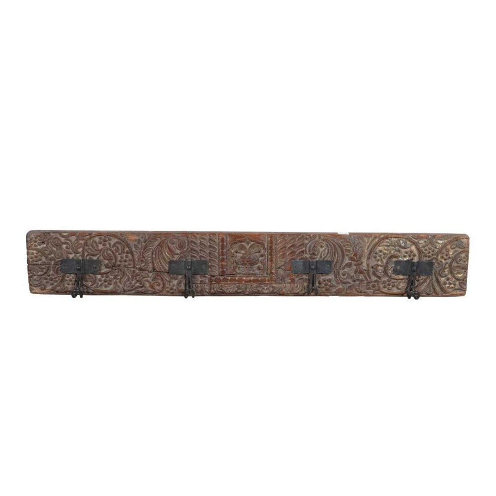 Antique Weathered Brown Teak & Iron Carved Coat Hook Panel – Indian Vintage Wall Rack (63cm) - Image 2