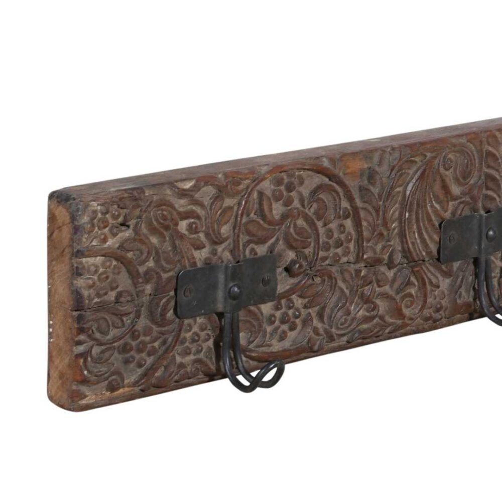 Antique Weathered Brown Teak & Iron Carved Coat Hook Panel – Indian Vintage Wall Rack (63cm) - Image 3