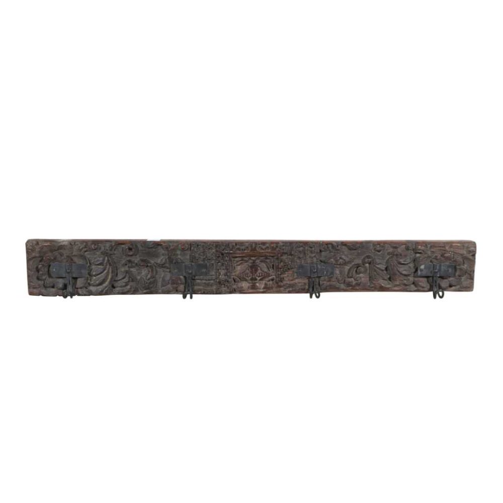 Antique Charcoal Walnut Teak Carved Coat Hook Panel with Black Iron Hooks – Indian Vintage (121cm) - Image 3