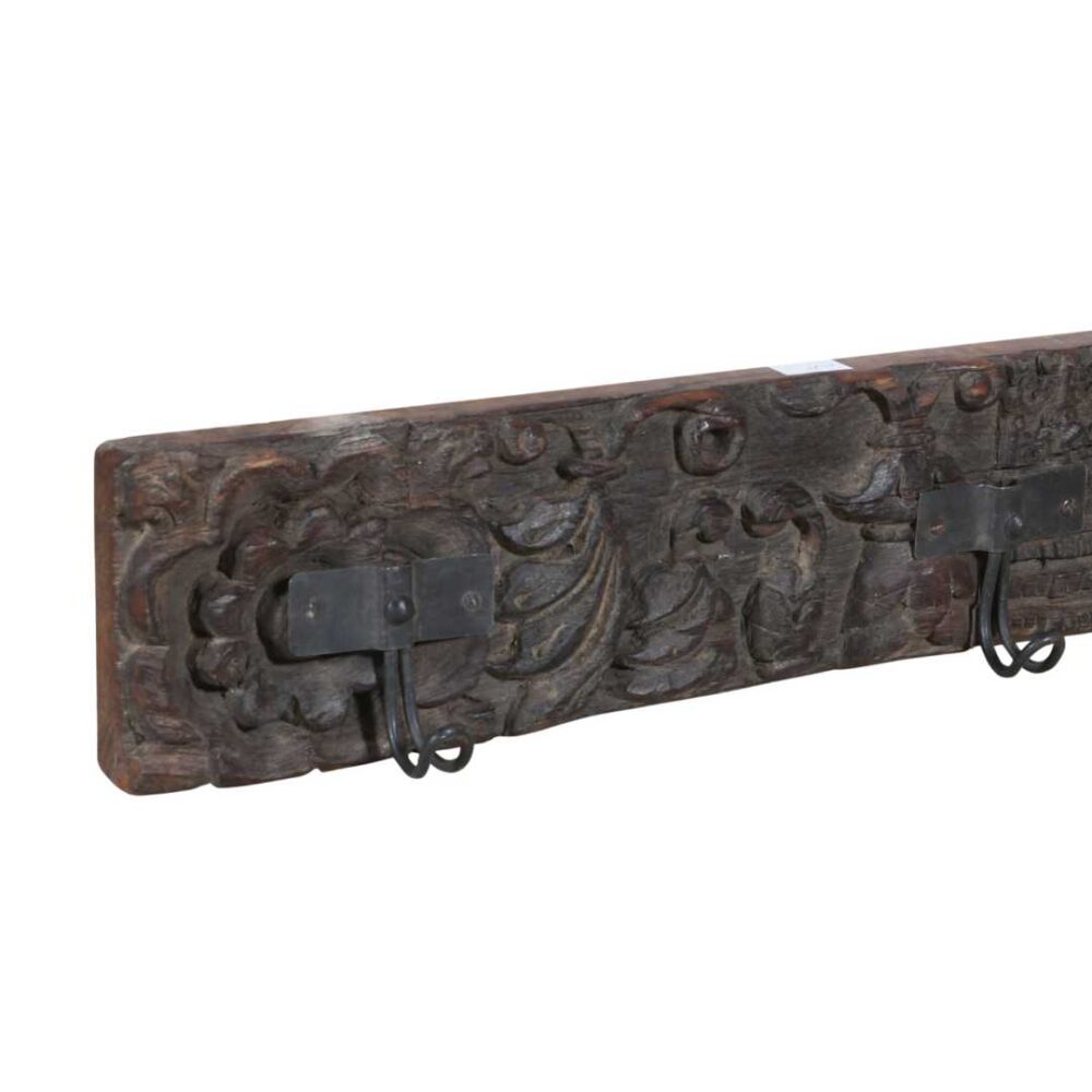 Antique Charcoal Walnut Teak Carved Coat Hook Panel with Black Iron Hooks – Indian Vintage (121cm) - Image 2
