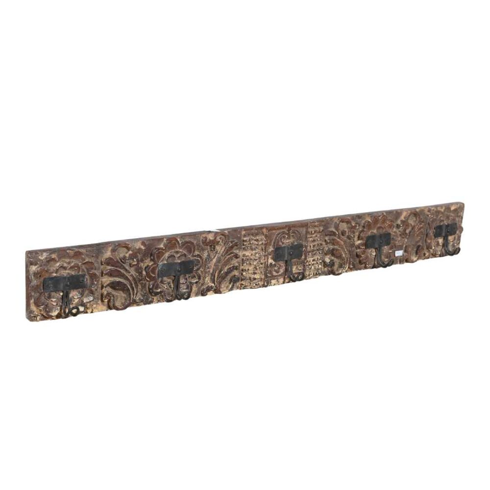 Antique Gilded Bronze & Ebony Teak Carved Coat Hook Panel – Indian Vintage Floral (123cm)