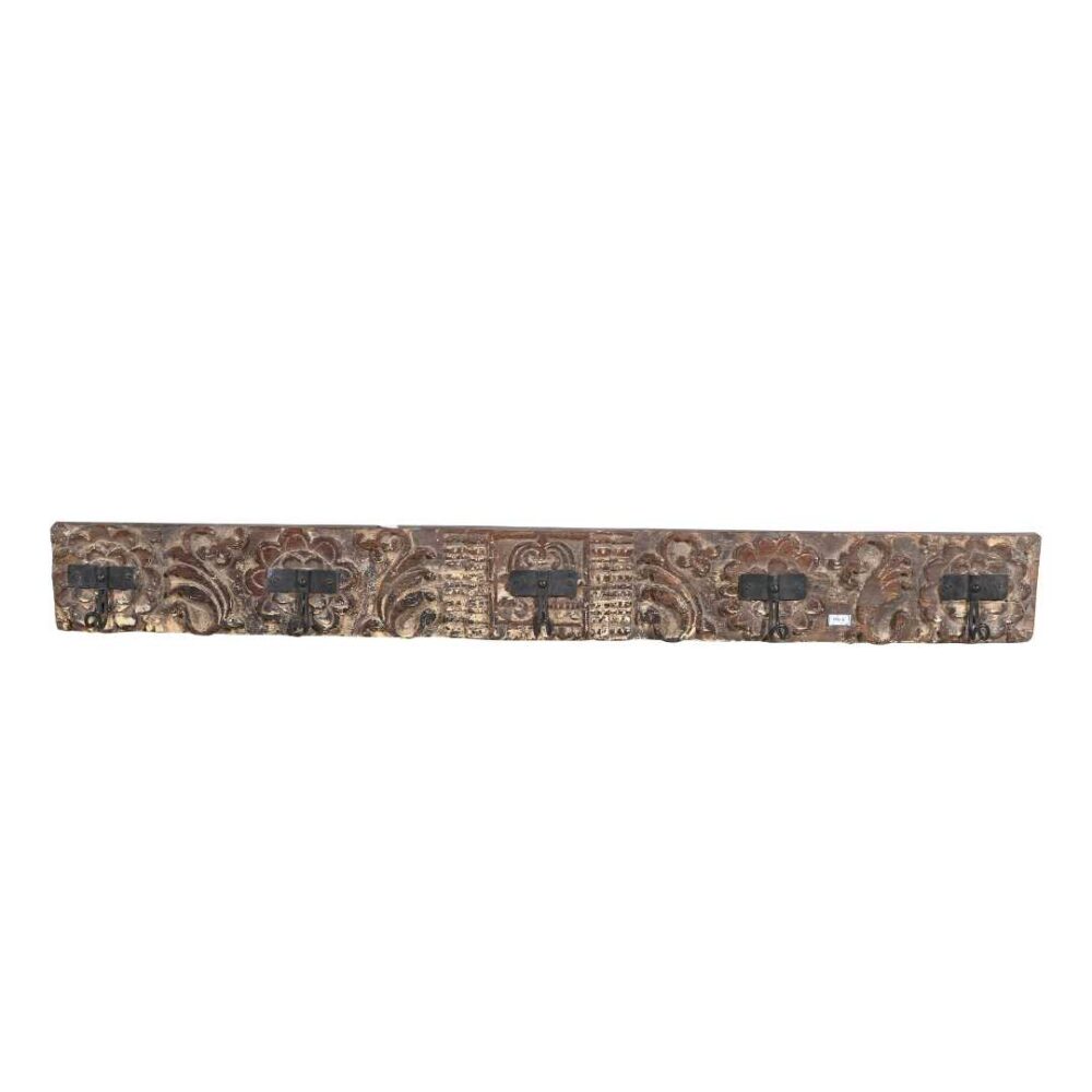 Antique Gilded Bronze & Ebony Teak Carved Coat Hook Panel – Indian Vintage Floral (123cm) - Image 2
