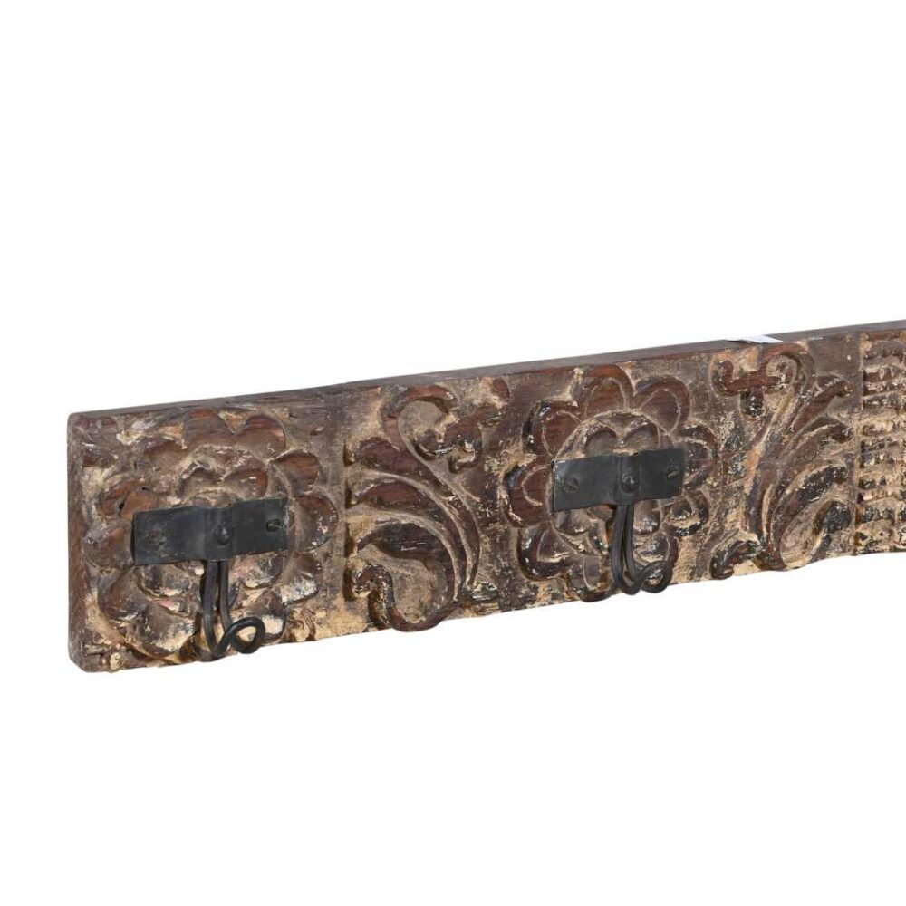 Antique Gilded Bronze & Ebony Teak Carved Coat Hook Panel – Indian Vintage Floral (123cm) - Image 3