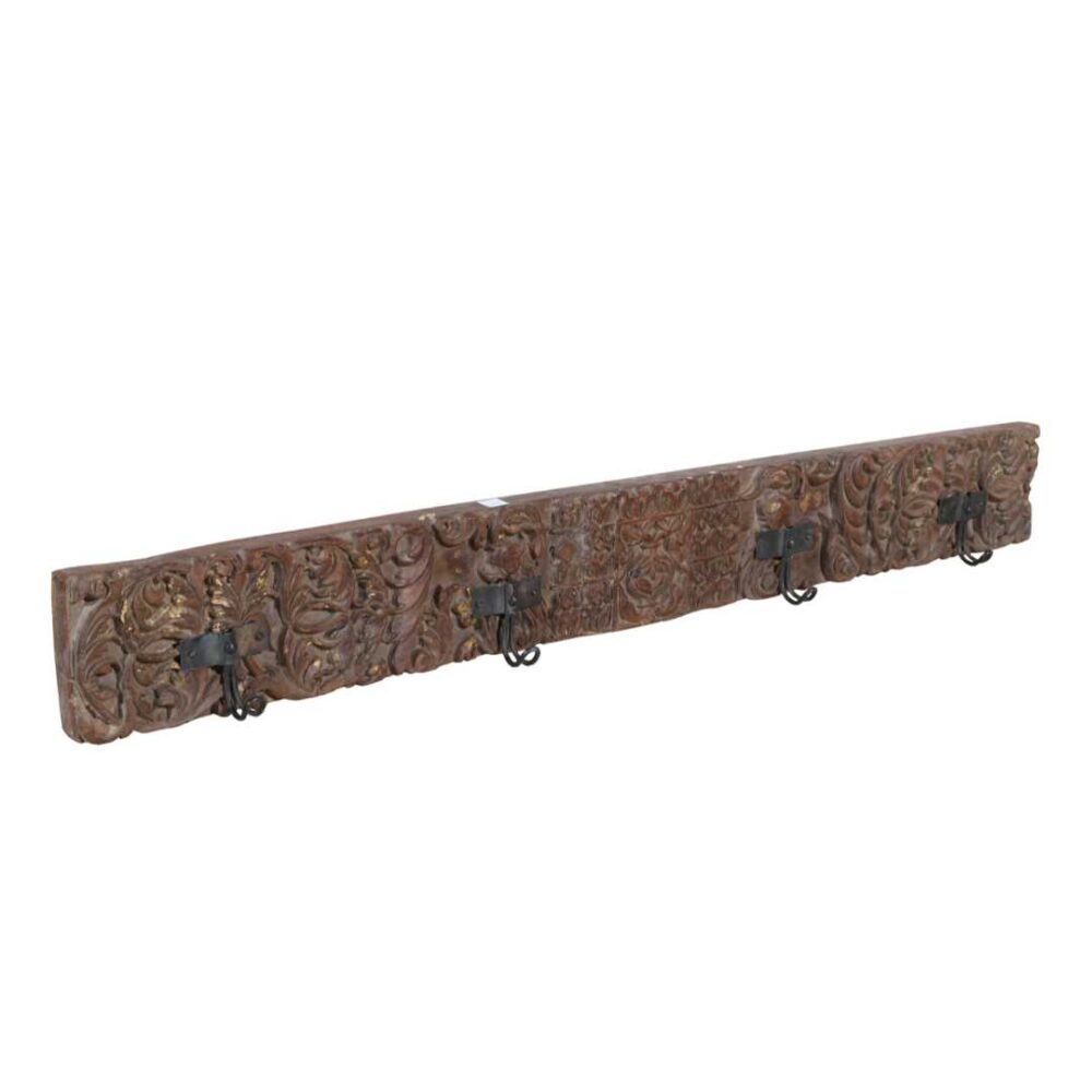 Antique Gilded Chestnut Teak Carved Coat Hook Panel with Black Iron Hooks – Indian Vintage Scrollwork (125cm)