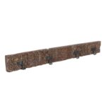 Antique Gilded Chestnut Teak Carved Coat Hook Panel with Black Iron Hooks – Indian Vintage Scrollwork (125cm)