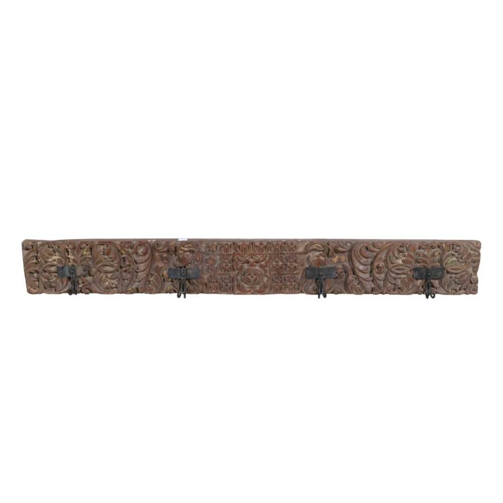 Antique Gilded Chestnut Teak Carved Coat Hook Panel with Black Iron Hooks – Indian Vintage Scrollwork (125cm) - Image 3