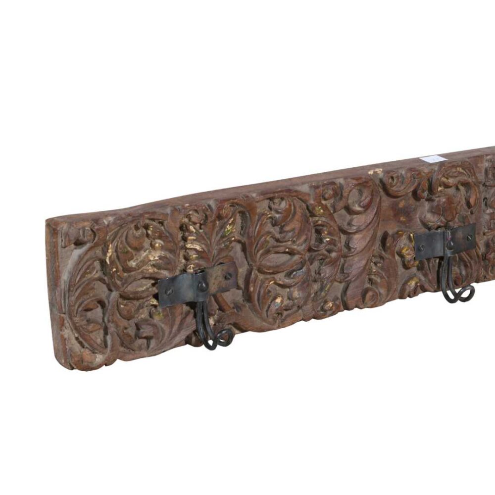 Antique Gilded Chestnut Teak Carved Coat Hook Panel with Black Iron Hooks – Indian Vintage Scrollwork (125cm) - Image 2