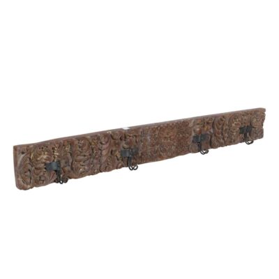 Antique Gilded Chestnut Teak Carved Coat Hook Panel with Black Iron Hooks – Indian Vintage Scrollwork (125cm)