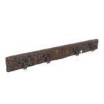 Antique Deep Walnut Brown Teak Carved Coat Hook Panel with Black Iron Hooks – Indian Vintage (113cm)