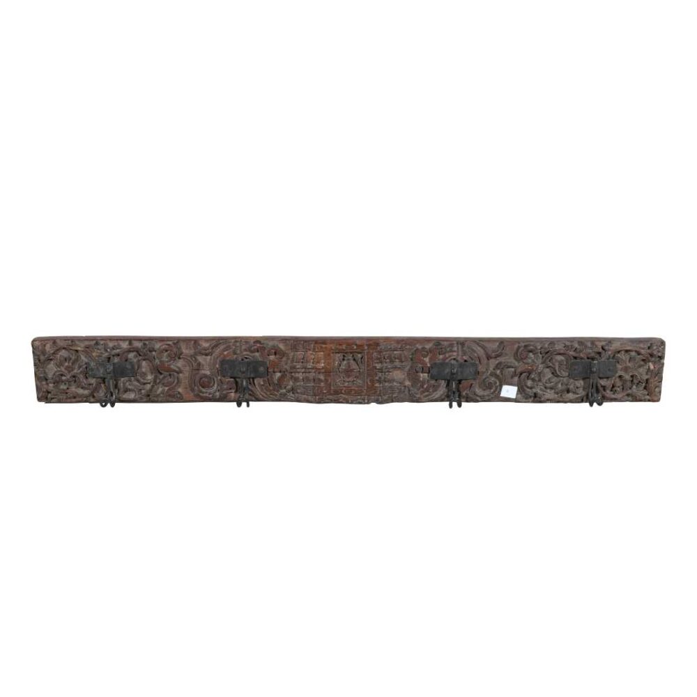 Antique Deep Walnut Brown Teak Carved Coat Hook Panel with Black Iron Hooks – Indian Vintage (113cm) - Image 2