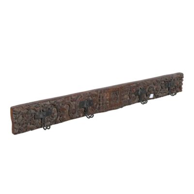 Antique Deep Walnut Brown Teak Carved Coat Hook Panel with Black Iron Hooks – Indian Vintage (113cm)