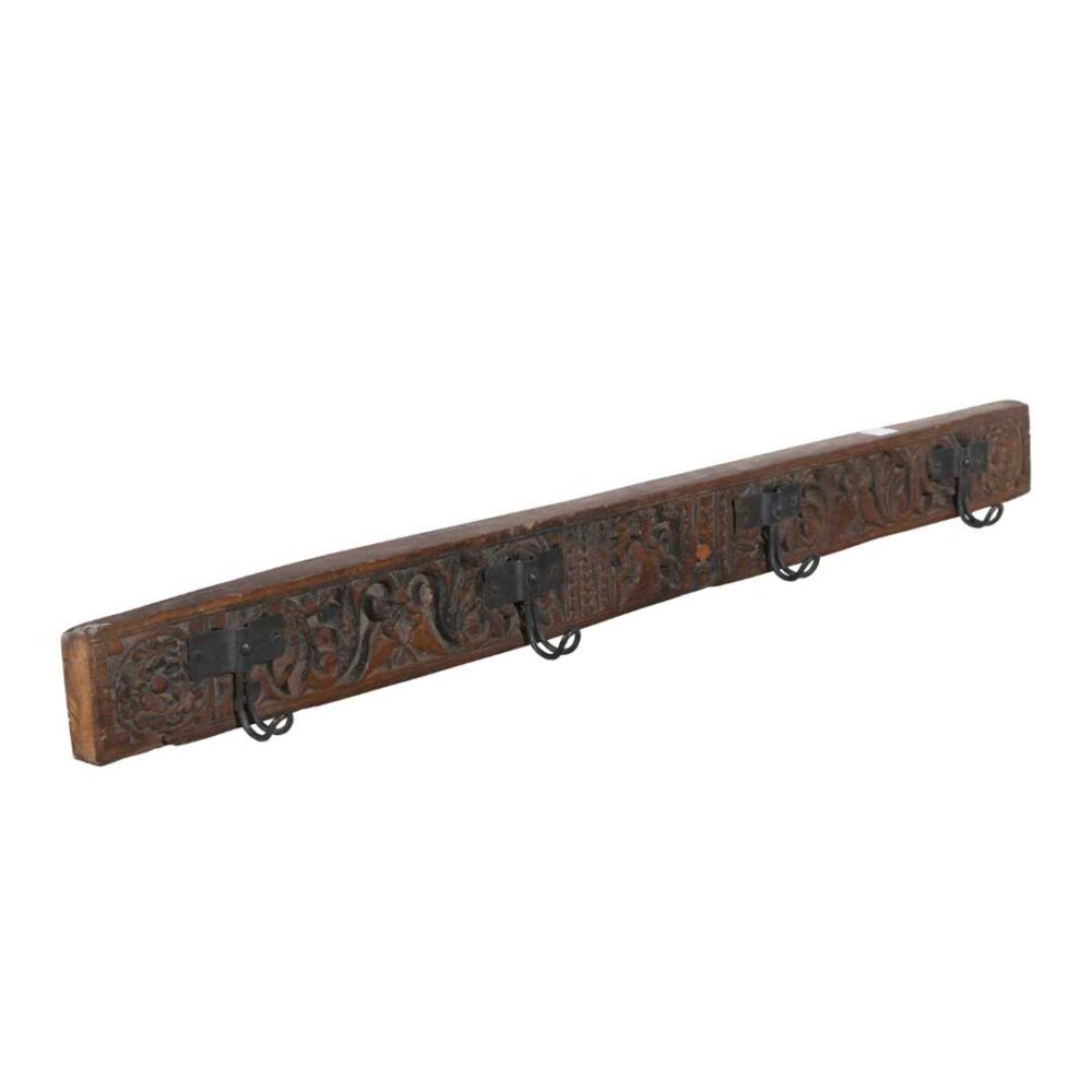 Antique Mahogany Brown Teak Carved Coat Hook Panel with Iron Hooks – Indian Vintage Scrollwork (108cm)