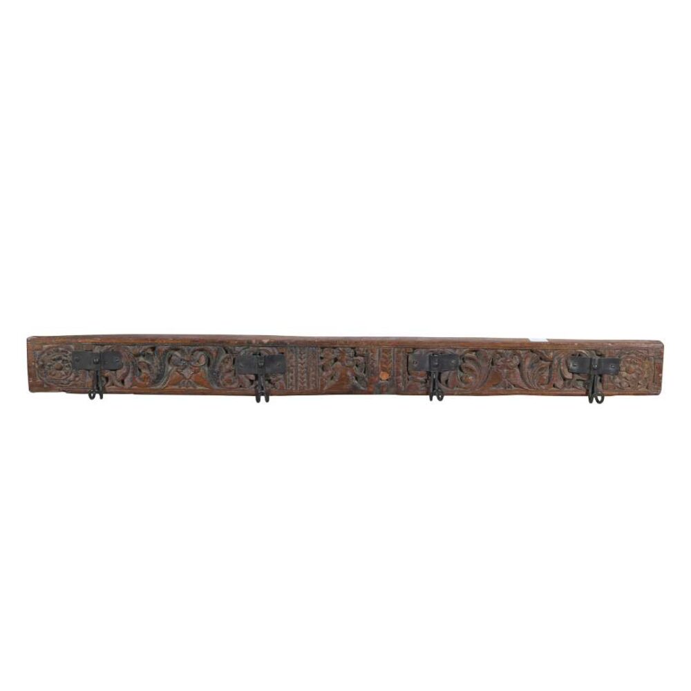 Antique Mahogany Brown Teak Carved Coat Hook Panel with Iron Hooks – Indian Vintage Scrollwork (108cm) - Image 3