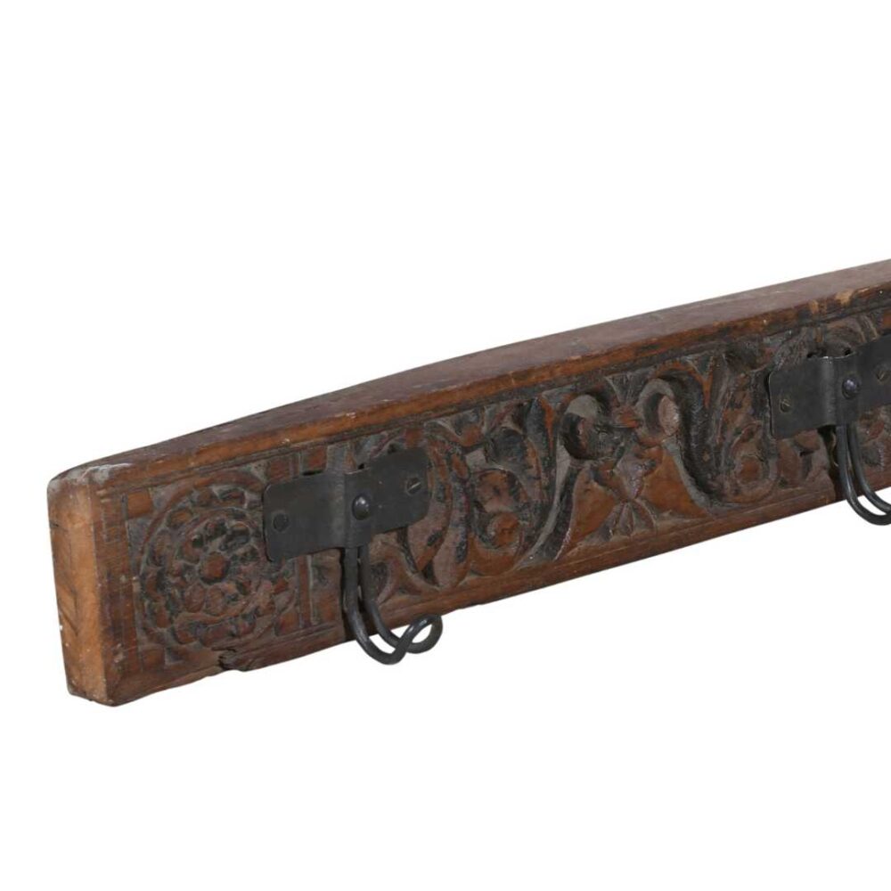 Antique Mahogany Brown Teak Carved Coat Hook Panel with Iron Hooks – Indian Vintage Scrollwork (108cm) - Image 2