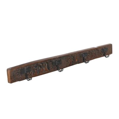 Antique Mahogany Brown Teak Carved Coat Hook Panel with Iron Hooks – Indian Vintage Scrollwork (108cm)