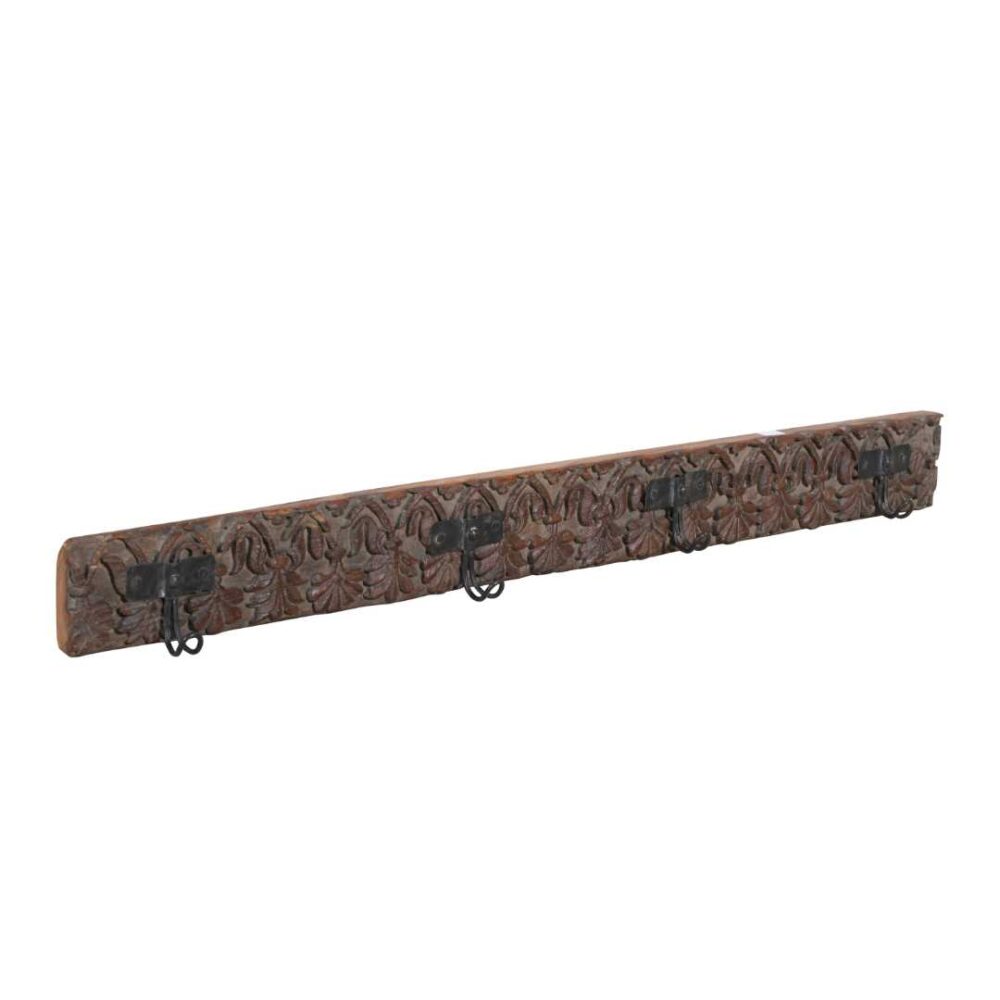 Antique Weathered Grey-Brown Teak Carved Coat Hook Panel with Black Iron Hooks – Indian Vintage (108cm)