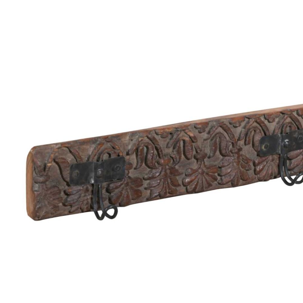 Antique Weathered Grey-Brown Teak Carved Coat Hook Panel with Black Iron Hooks – Indian Vintage (108cm) - Image 3
