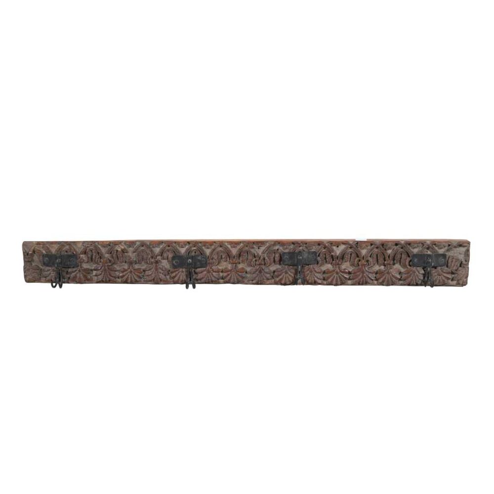 Antique Weathered Grey-Brown Teak Carved Coat Hook Panel with Black Iron Hooks – Indian Vintage (108cm) - Image 2
