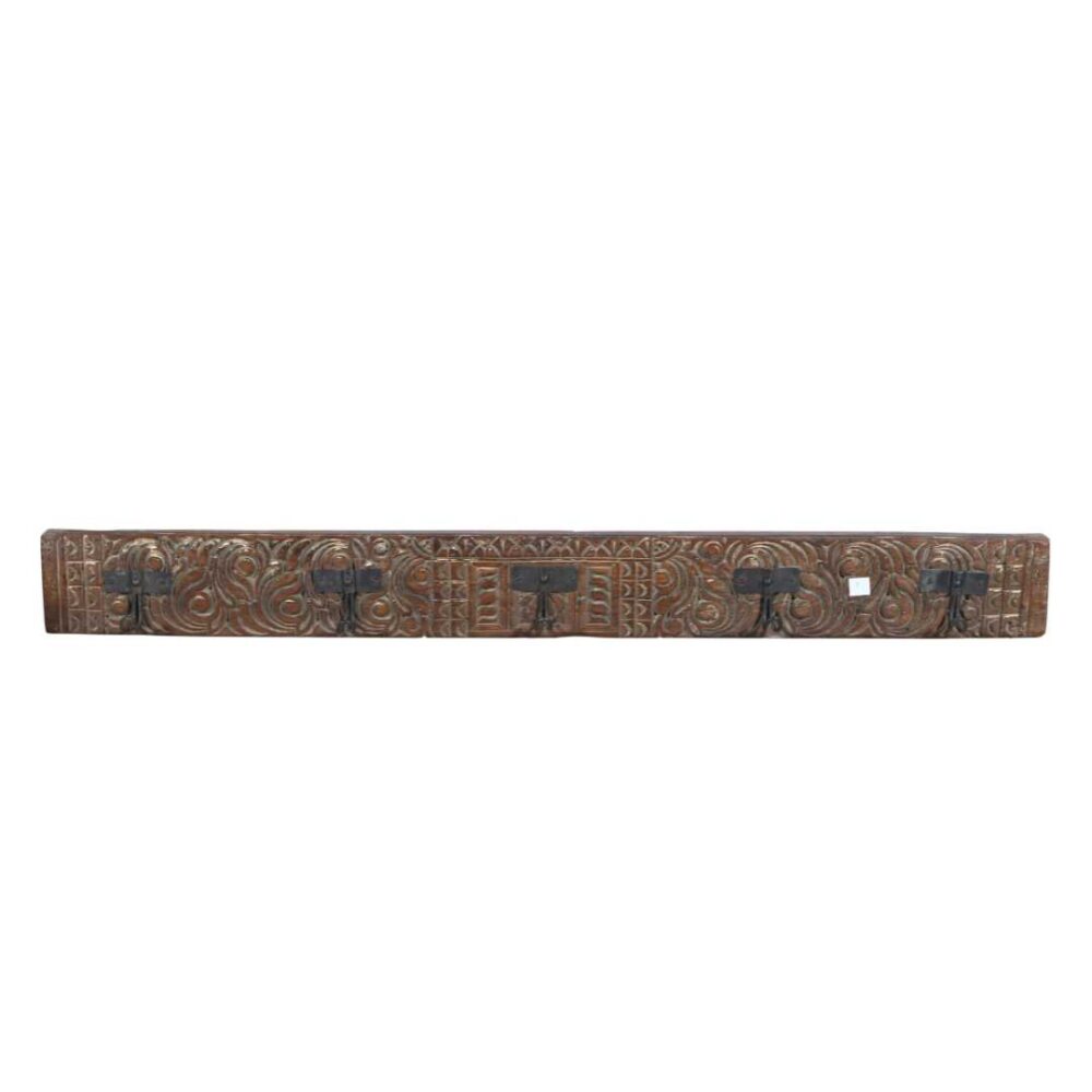 Antique Golden Walnut Teak Carved Coat Hook Panel with Black Iron Hooks – Indian Vintage Scrollwork (127cm) - Image 3